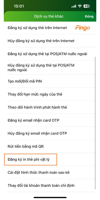 Cách in thẻ phi vật lý Vietcombank online trên VCB Digibank 2 Cách in thẻ phi vật lý Vietcombank bước 2